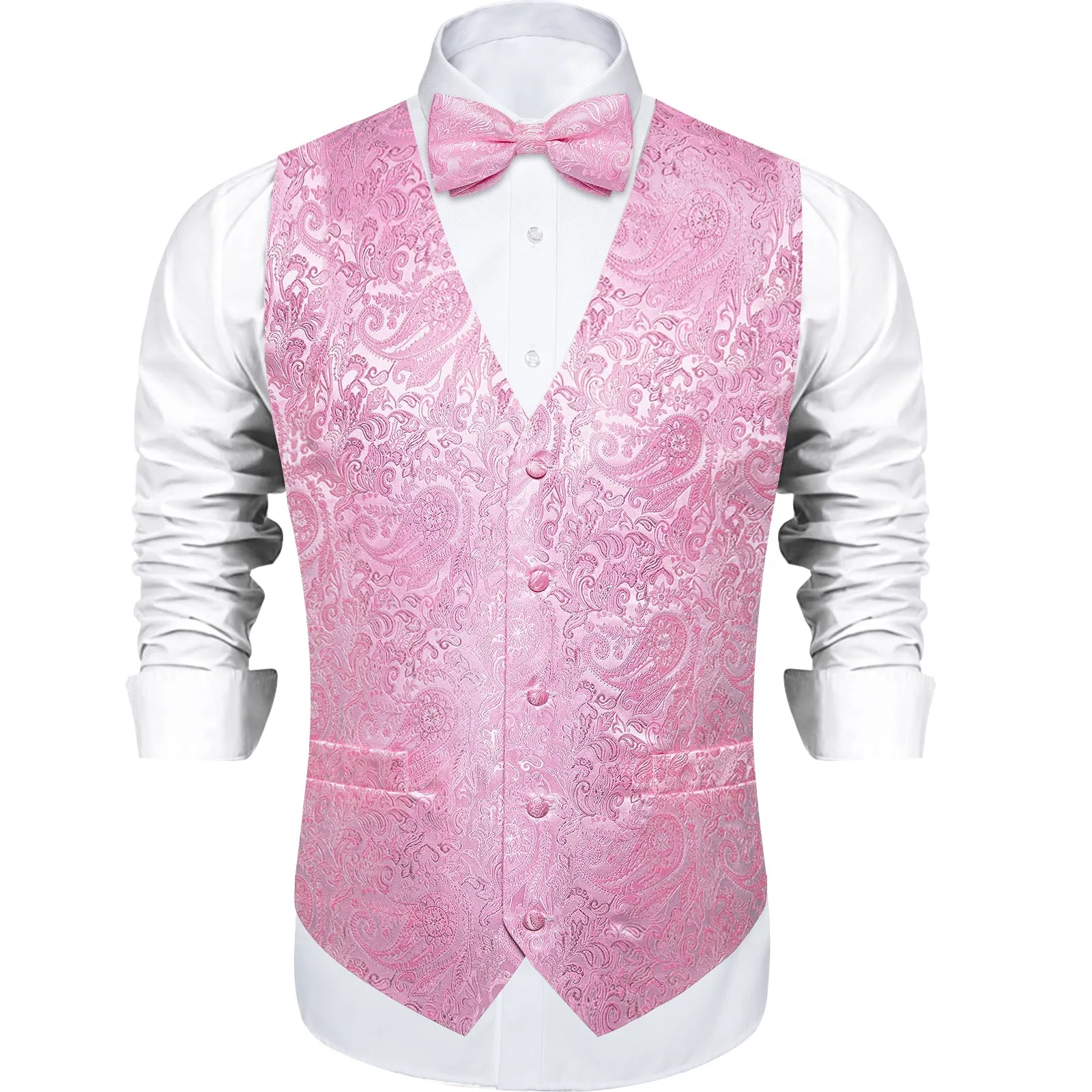 Pink Paisley Men's V-Neck Vest Bowtie Hanky Cufflinks Set Waistcoat Suit Set