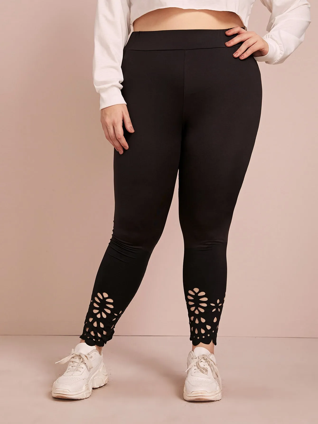 Plain Cut Out Long Plus Size Leggings