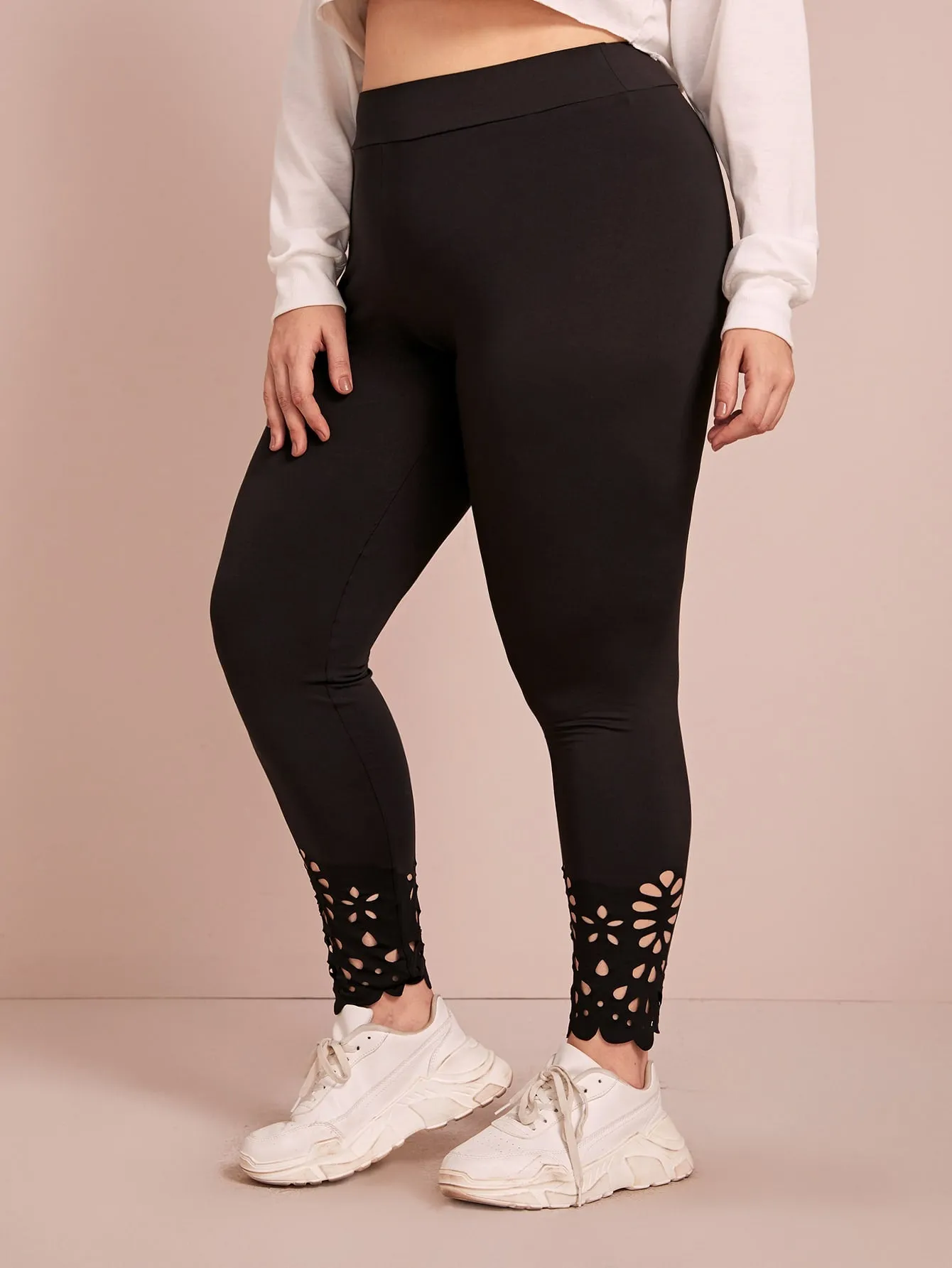 Plain Cut Out Long Plus Size Leggings