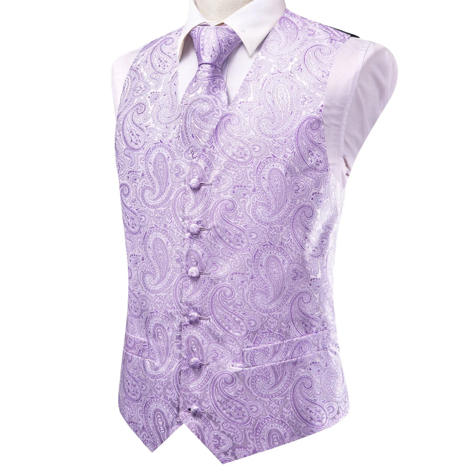 Plum Paisley Jacquard Silk Men's Vest Hanky Cufflinks Tie Set