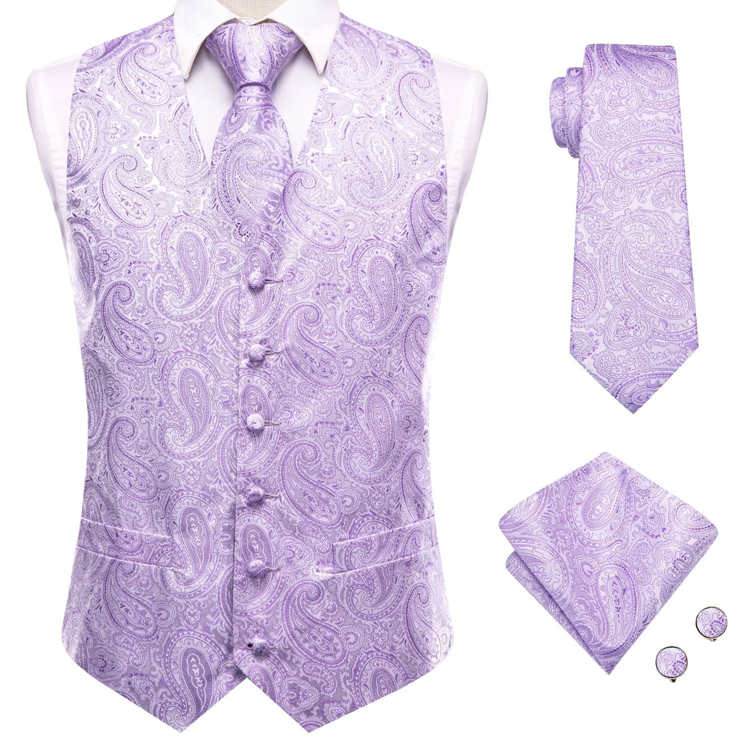 Plum Paisley Jacquard Silk Men's Vest Hanky Cufflinks Tie Set