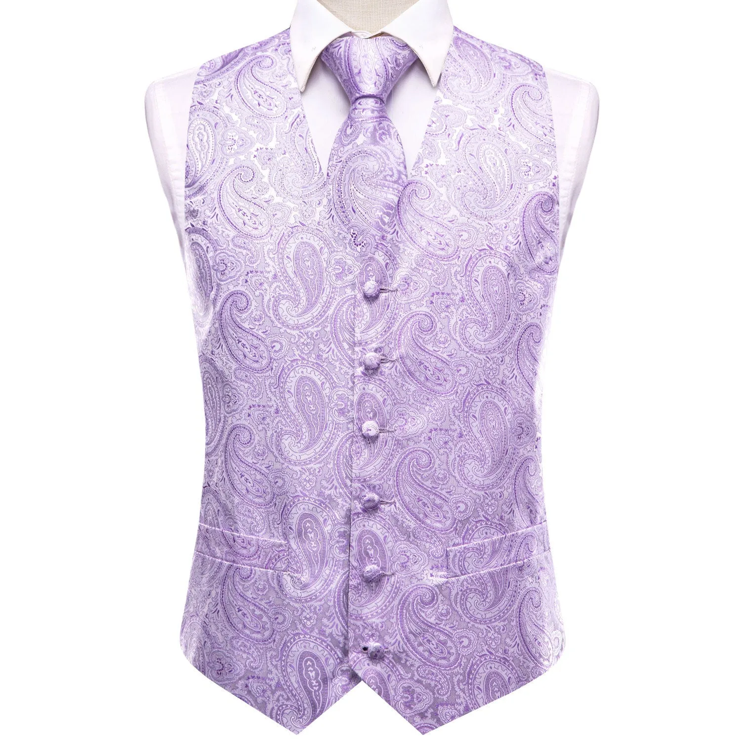 Plum Paisley Jacquard Silk Men's Vest Hanky Cufflinks Tie Set