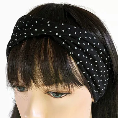 Premium twisted comfy wide bamboo blend knit headband, black with white dots