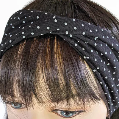 Premium twisted comfy wide bamboo blend knit headband, black with white dots