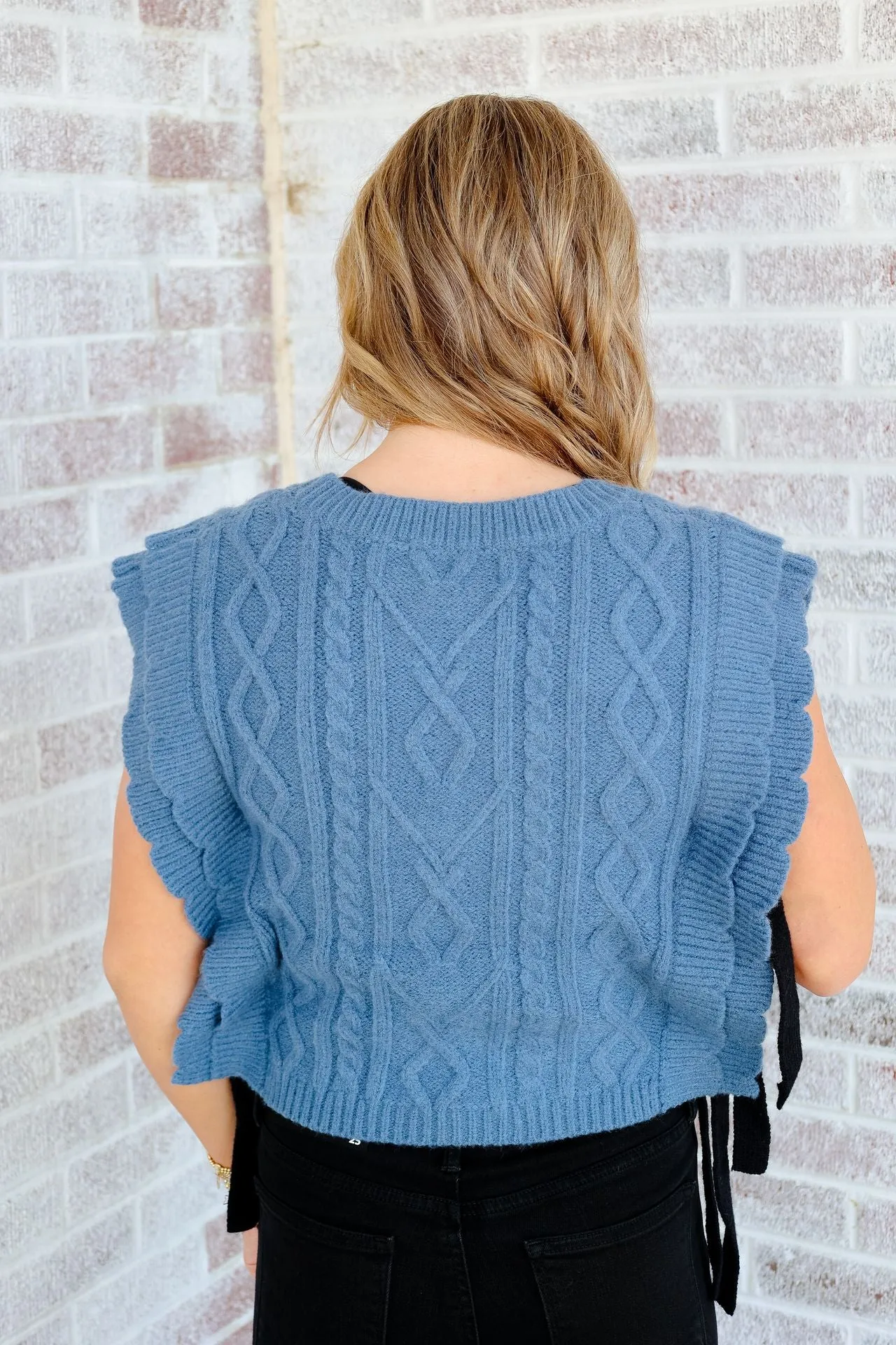 Run With Me Cable Knit V-Neck Scalloped Knit Vest