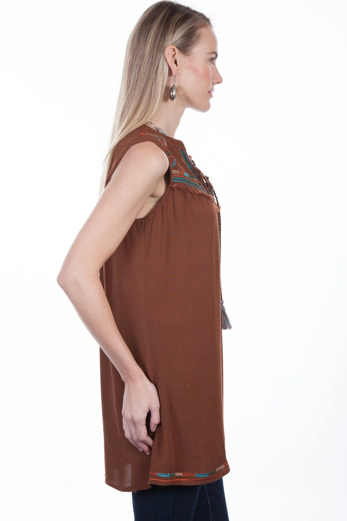 Scully Womens Cinnamon Viscose Embroidered S/L Tunic