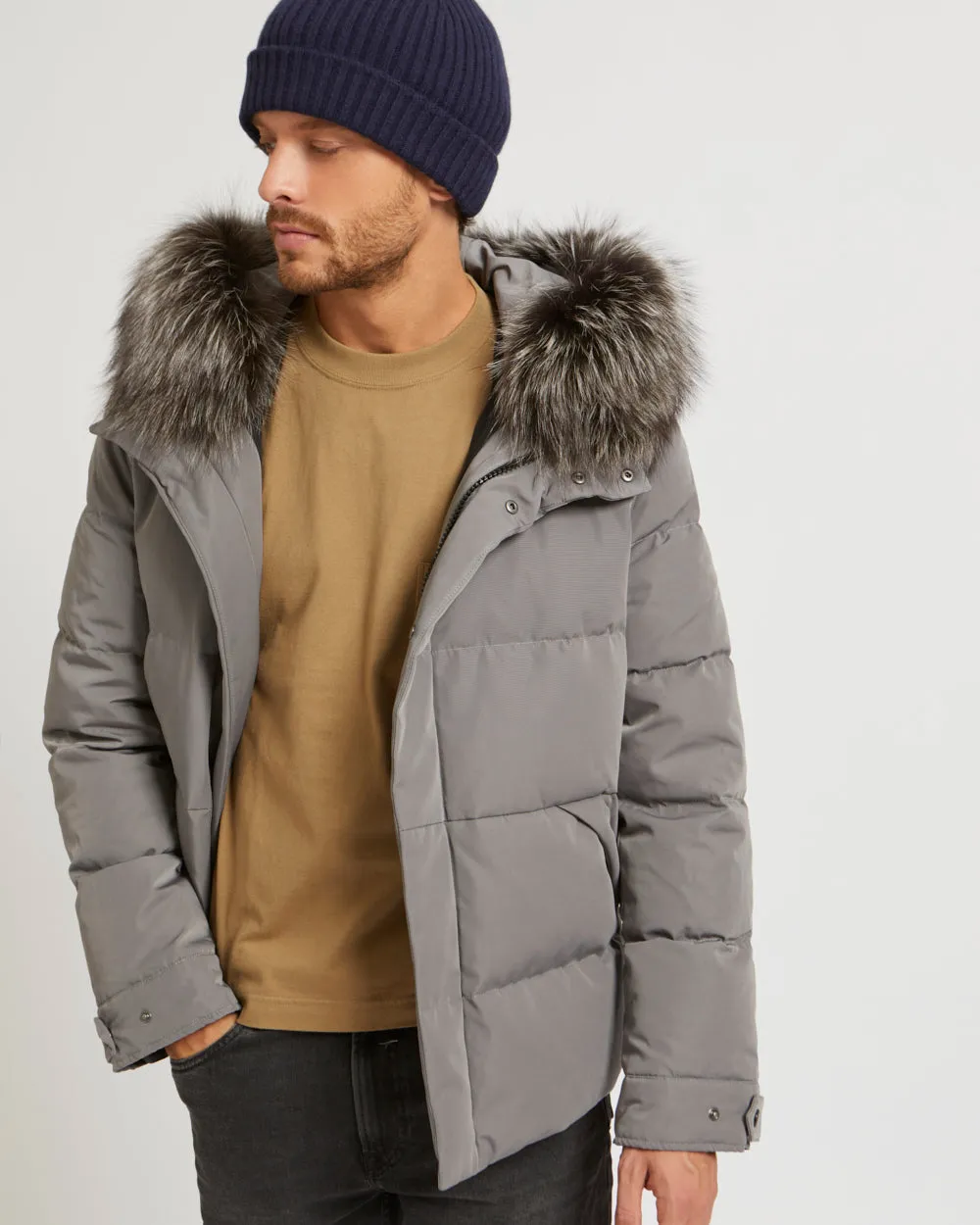 Short Down Jacket with Fox Trim