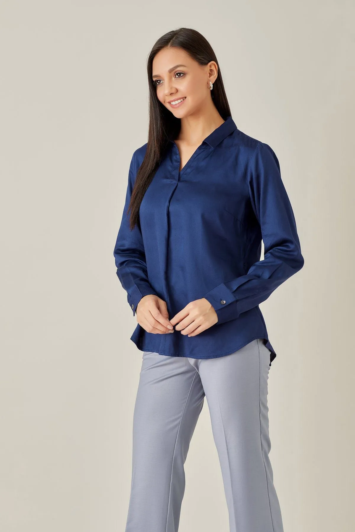 Solid Blue Satin Front Pleat Blouse