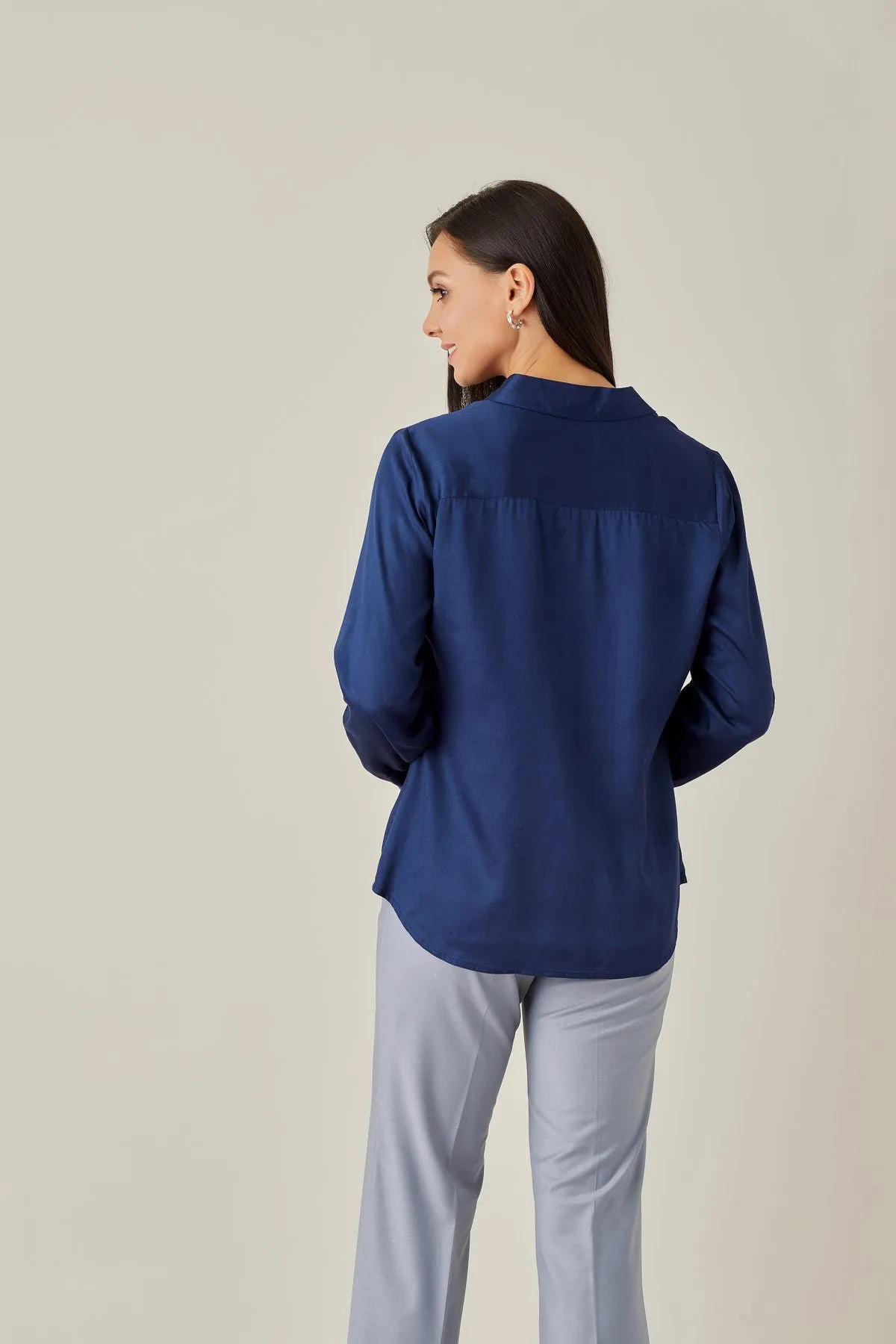 Solid Blue Satin Front Pleat Blouse