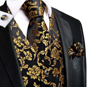 Ties2you Black Vest Gold Peony Floral Men's Suit Vest Tie Hanky Cufflinks Set