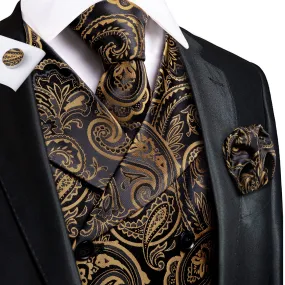 Ties2you Men's Vest Black Gold Paisley Vest Pocket Square Cufflinks Tie Set