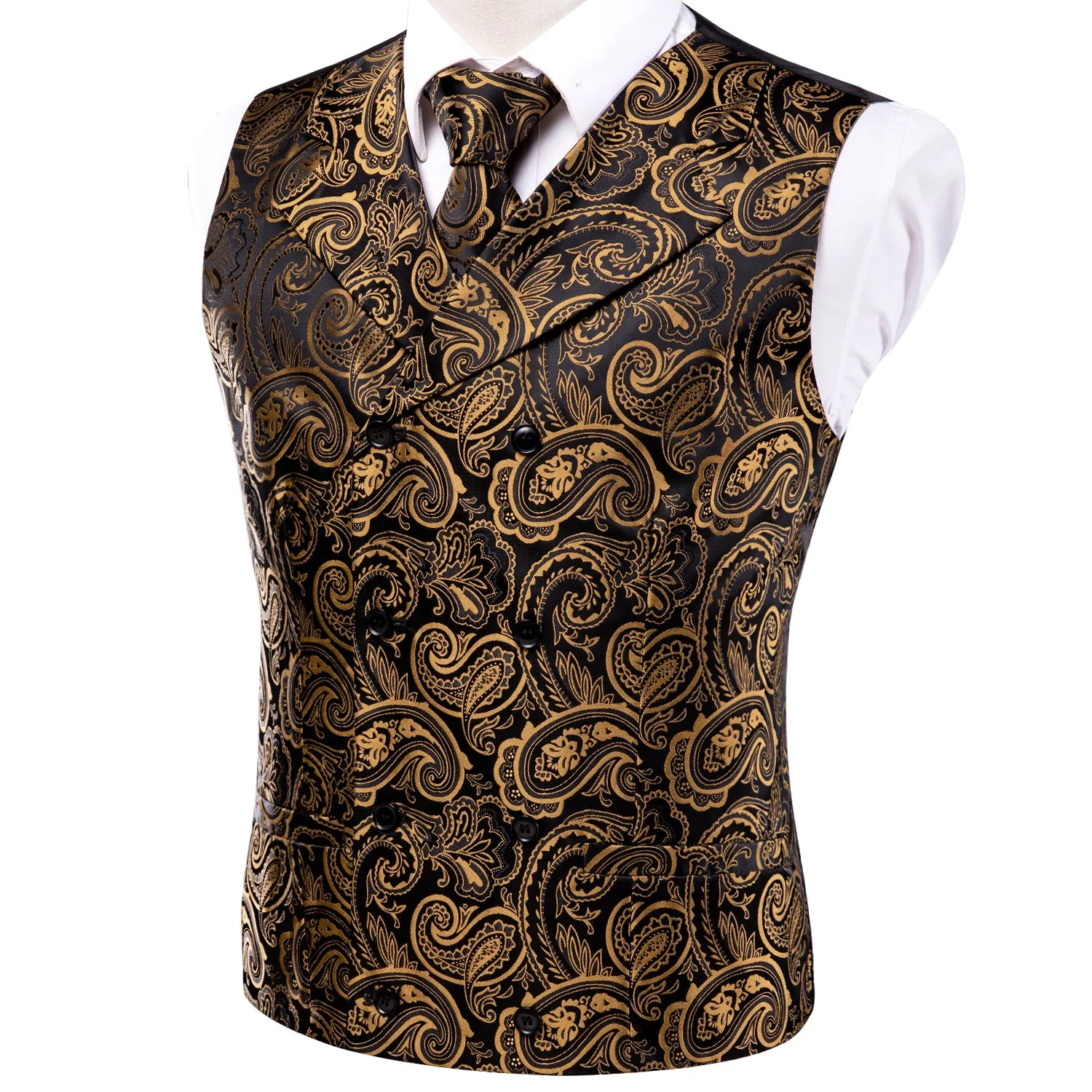 Ties2you Men's Vest Black Gold Paisley Vest Pocket Square Cufflinks Tie Set