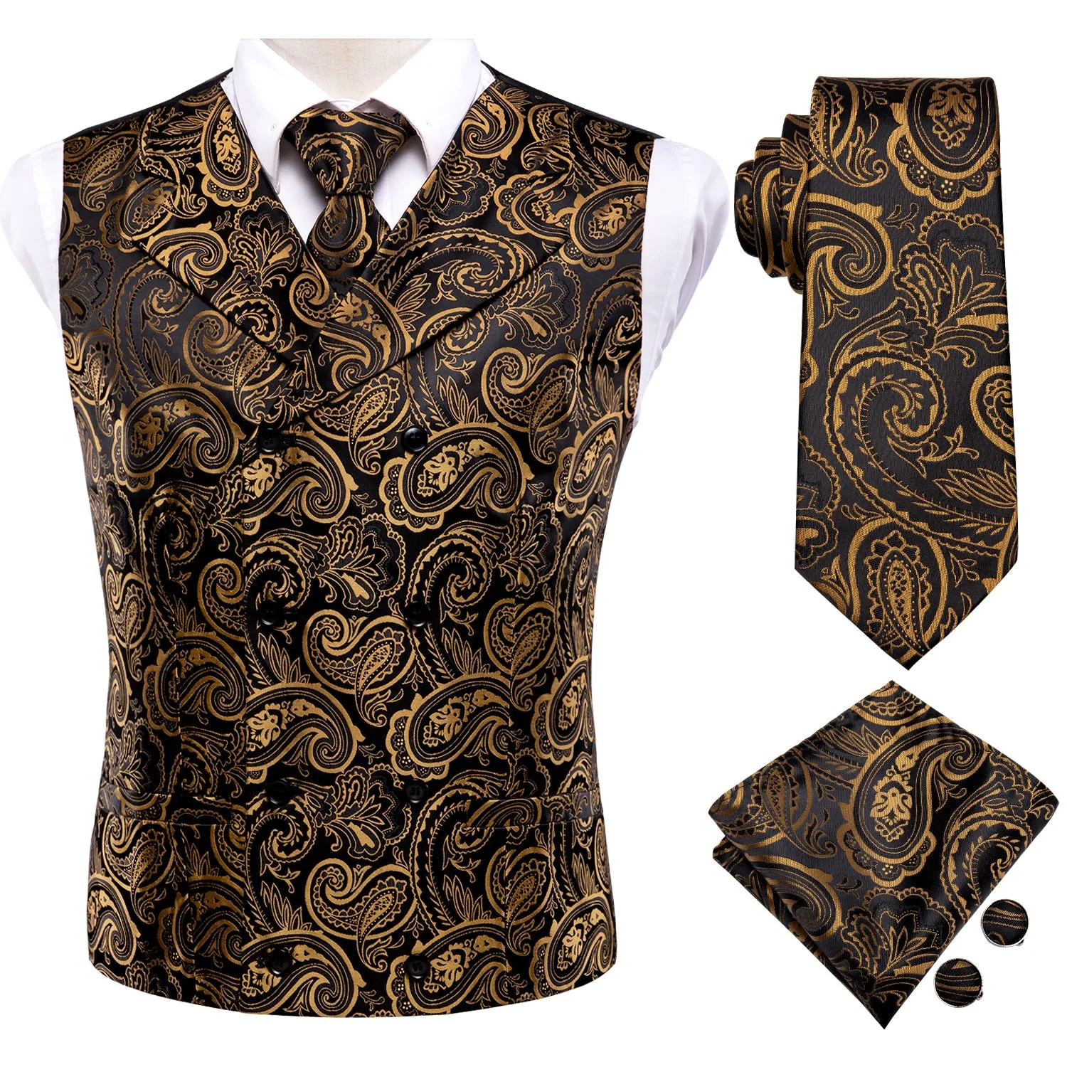 Ties2you Men's Vest Black Gold Paisley Vest Pocket Square Cufflinks Tie Set