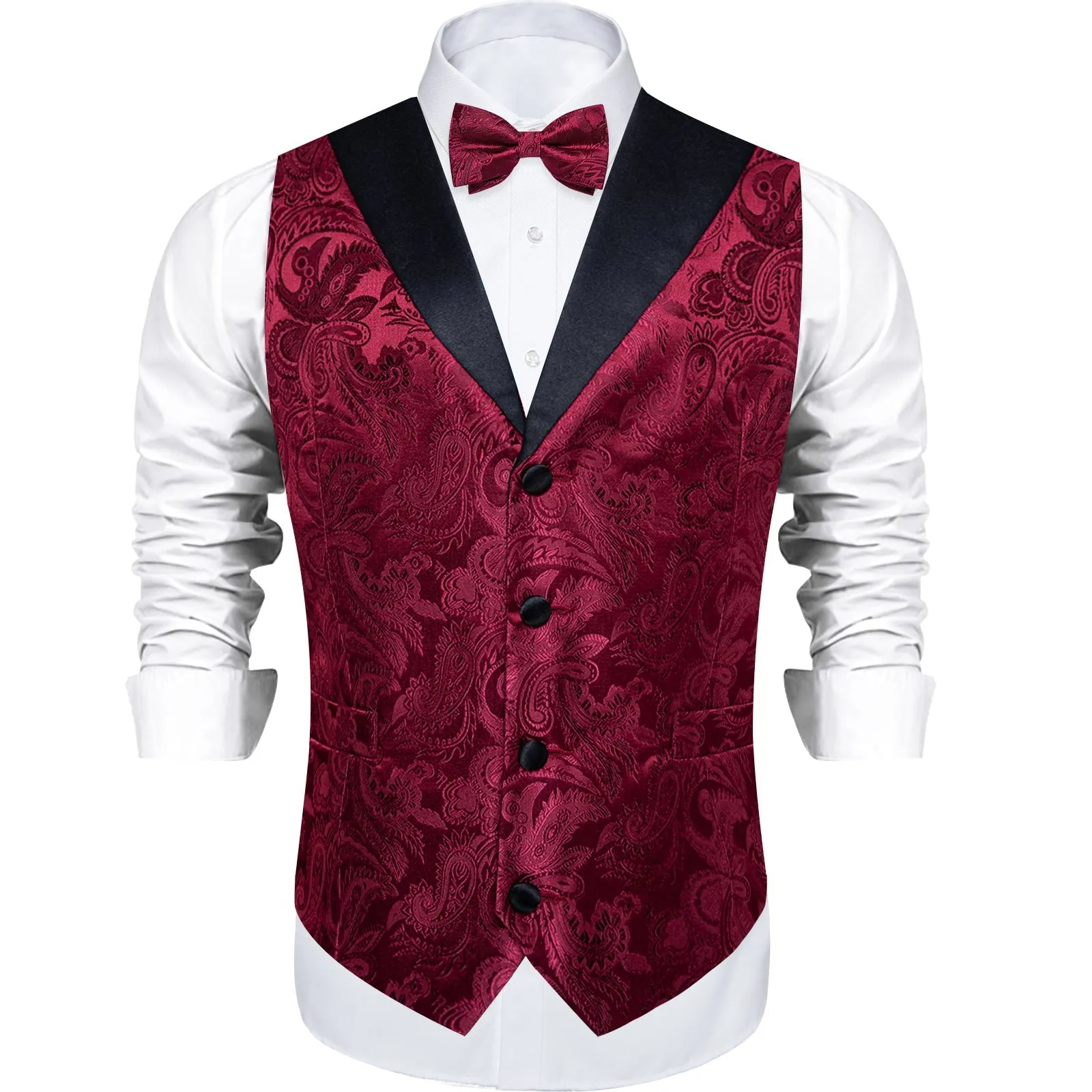 Ties2you Men's Vest Burgundy Paisley Jacquard Silk Vest Necktie Bow Tie Handkerchief Cufflinks Set