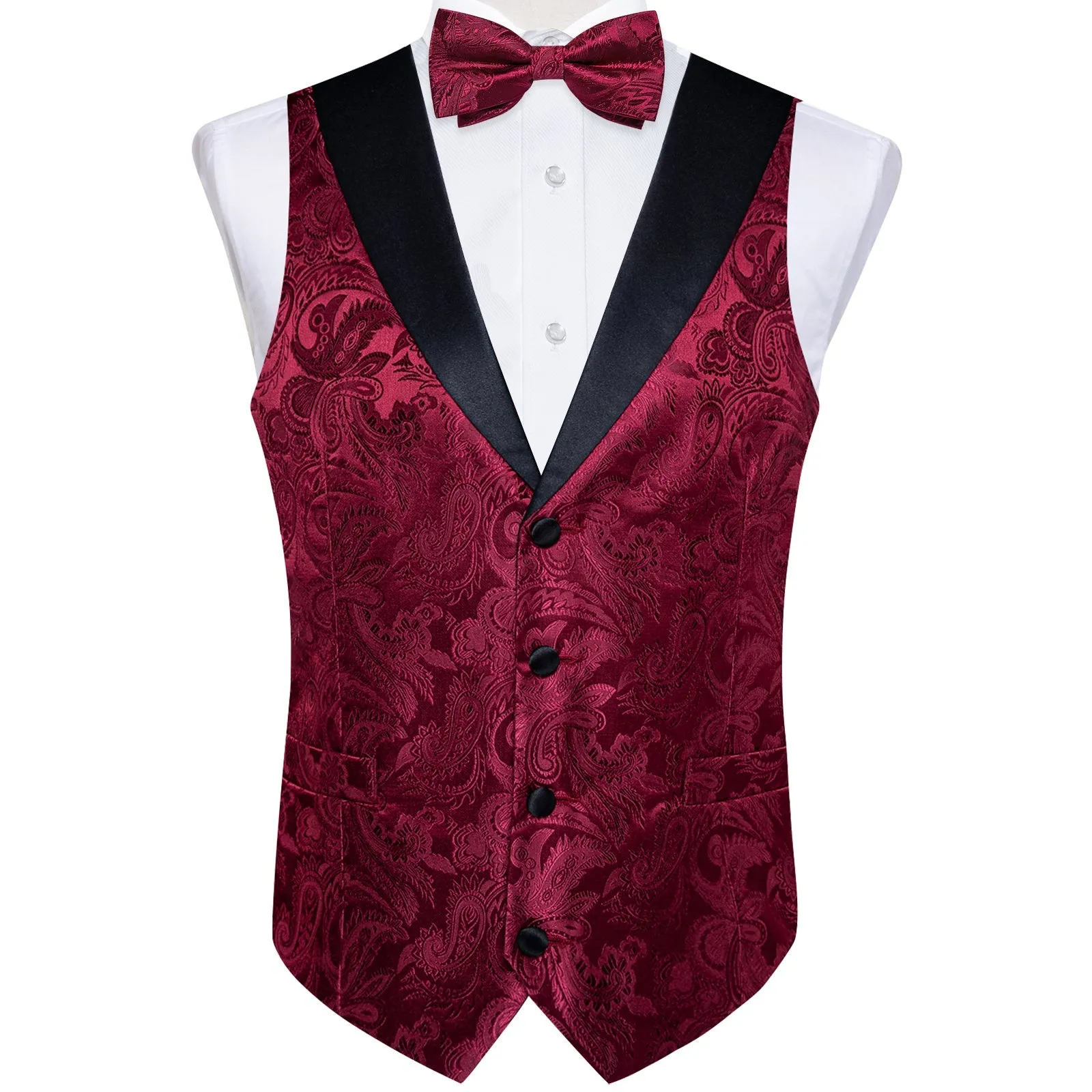 Ties2you Men's Vest Burgundy Paisley Jacquard Silk Vest Necktie Bow Tie Handkerchief Cufflinks Set