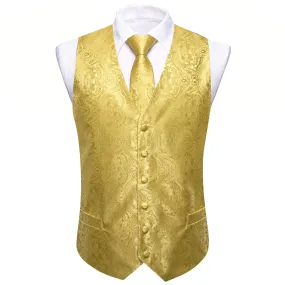 Ties2you Work Vest Blonde Yellow Paisley Silk Mens Dress Vest Tie Handkerchief Cufflinks Set