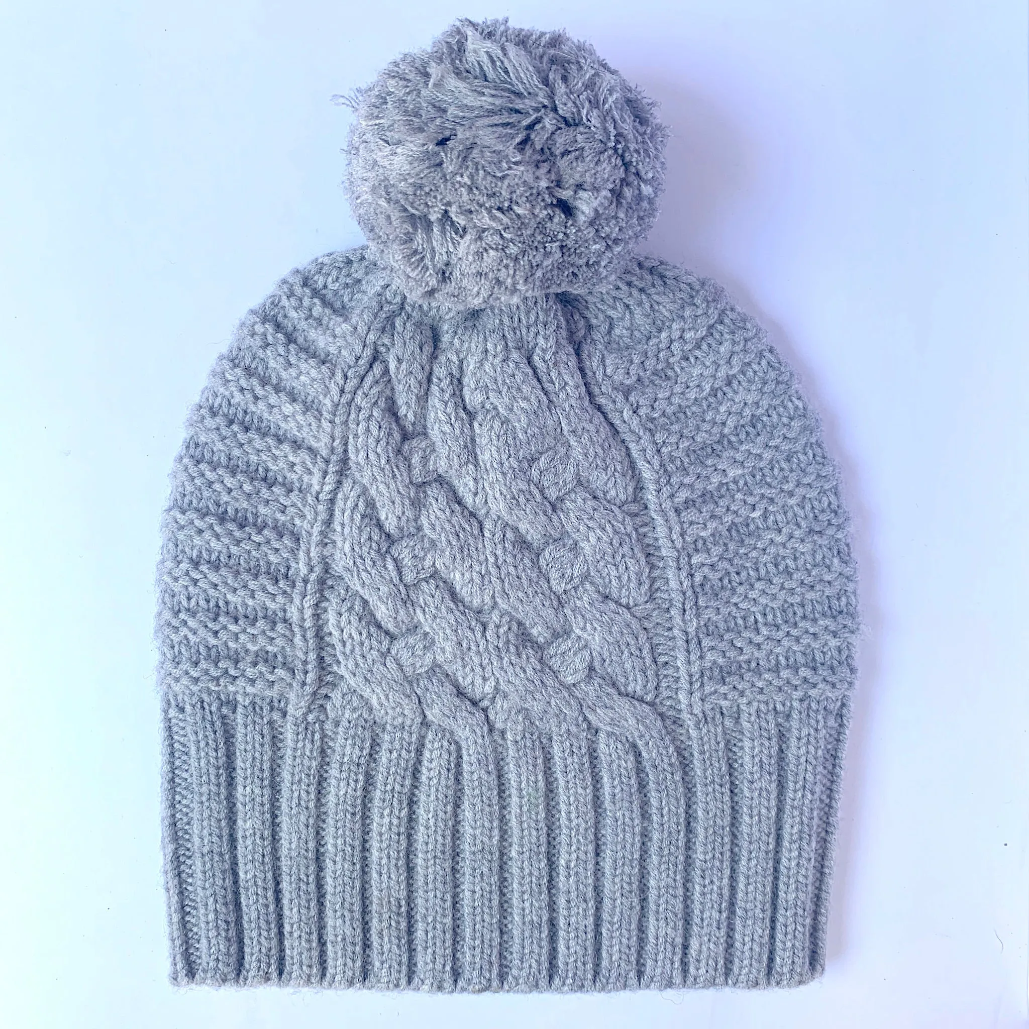 UP for ANYTHING 100% Pure Merino Wool Jumbo Cable & Fancy Rib Beanie with detachable Merino Wool Pom Pom, Dove Grey