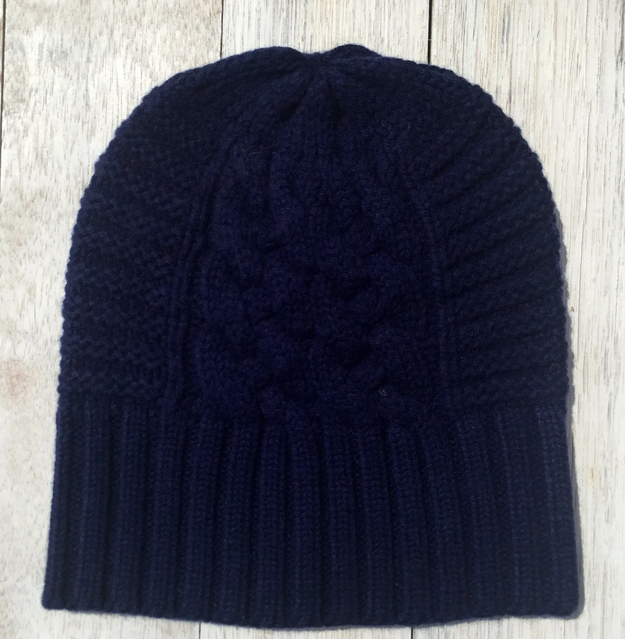 UP for ANYTHING 100% Sustainable Pure Merino Wool Jumbo Cable & Fancy Rib Beanie (no pom pom), Dark Denim Blue