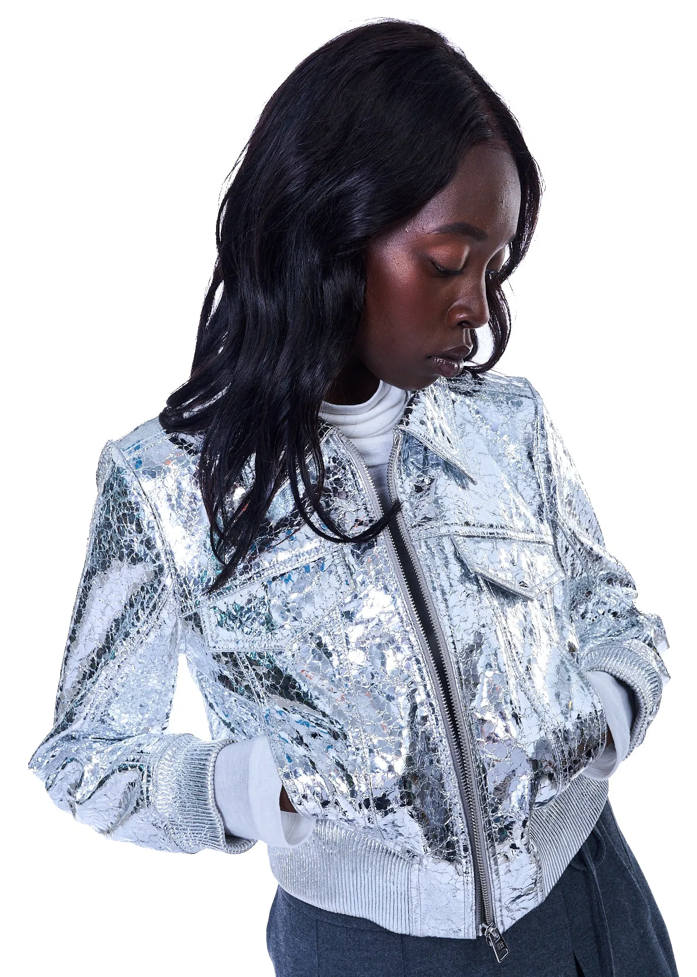 VIAVIA Genuine Leather Bomber Jacket in Silver Crackle