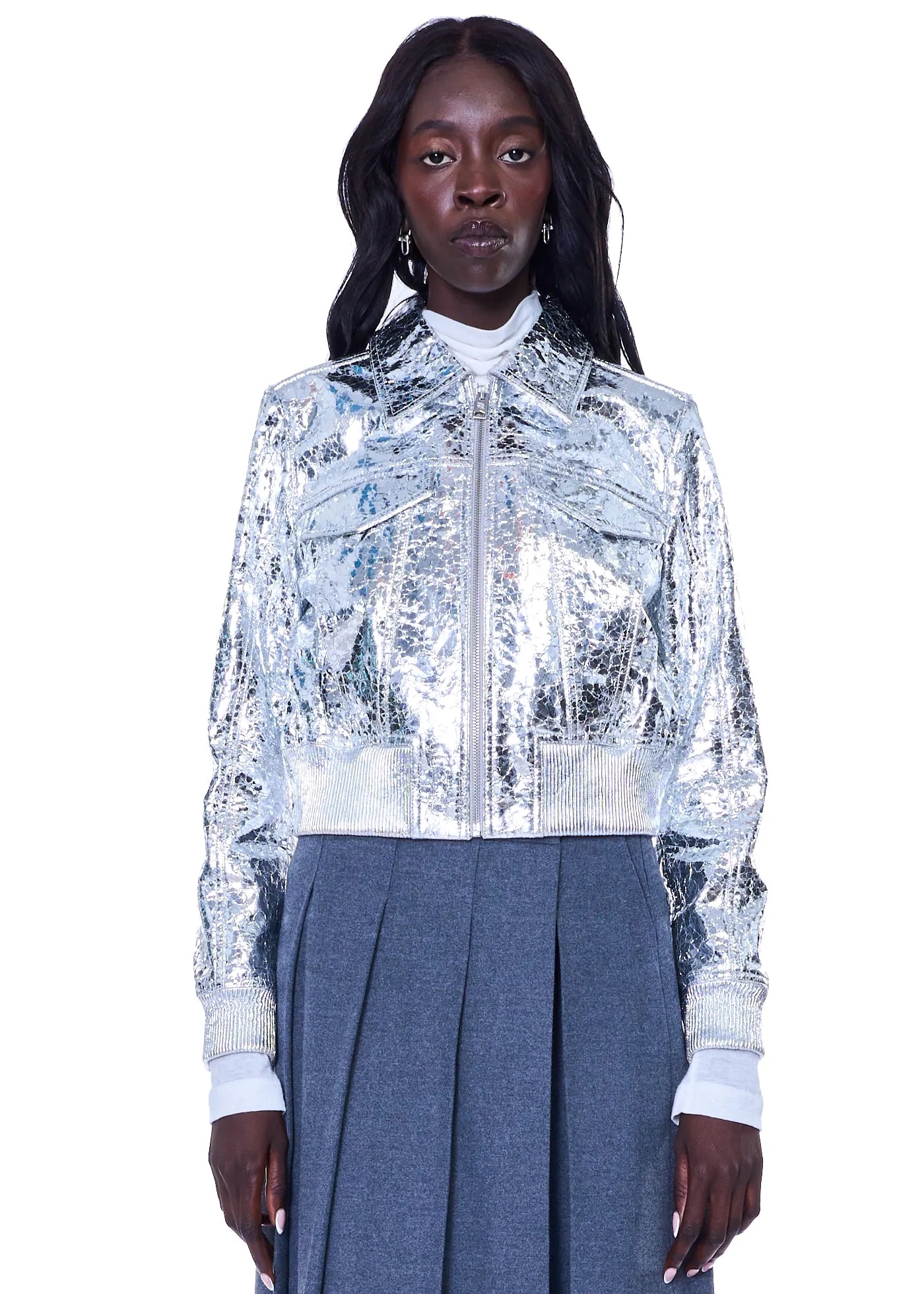 VIAVIA Genuine Leather Bomber Jacket in Silver Crackle