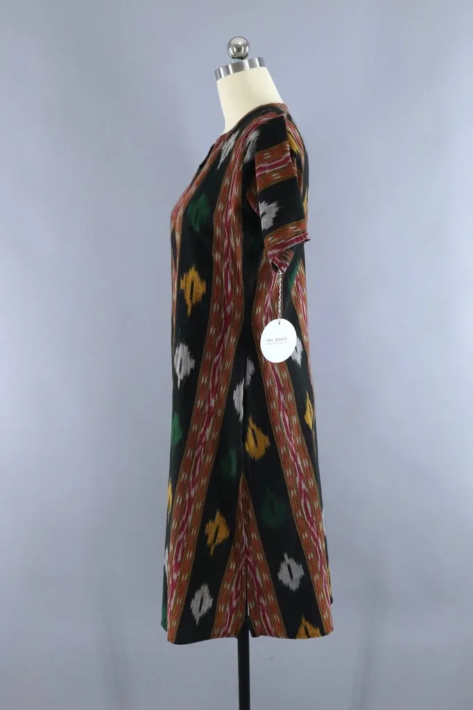 Vintage Black Ikat Caftan Tunic Dress