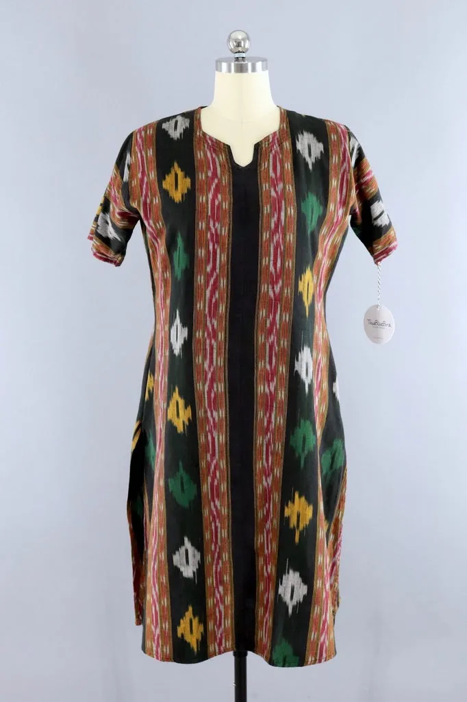 Vintage Black Ikat Caftan Tunic Dress