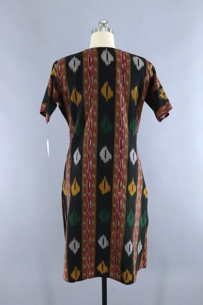 Vintage Black Ikat Caftan Tunic Dress