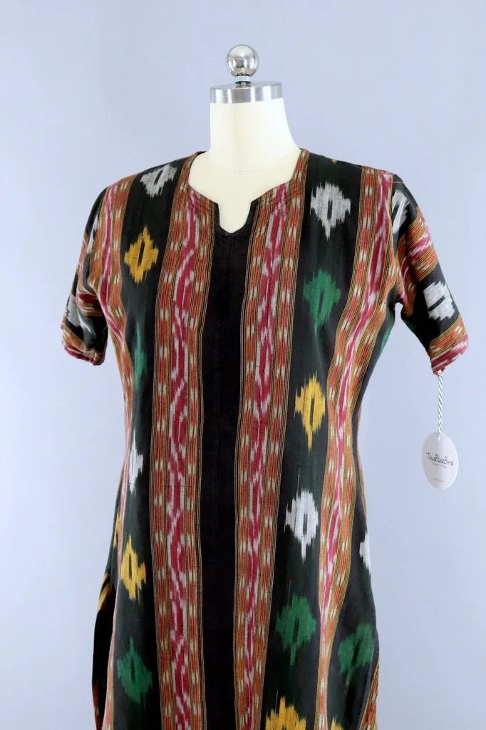 Vintage Black Ikat Caftan Tunic Dress