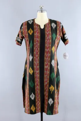 Vintage Black Ikat Caftan Tunic Dress