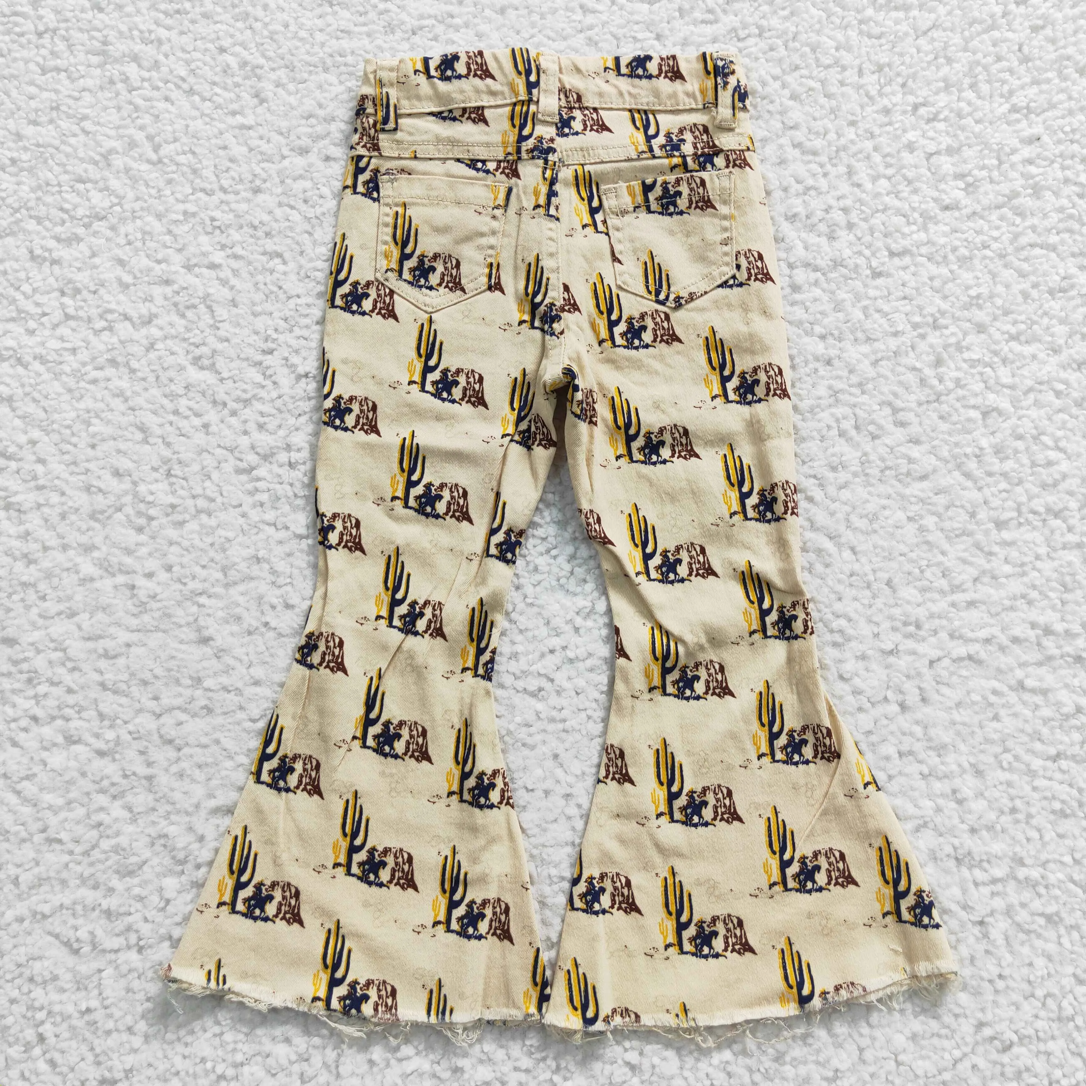 Western girl yellow horserider cactus print bell bottom jeans P0074