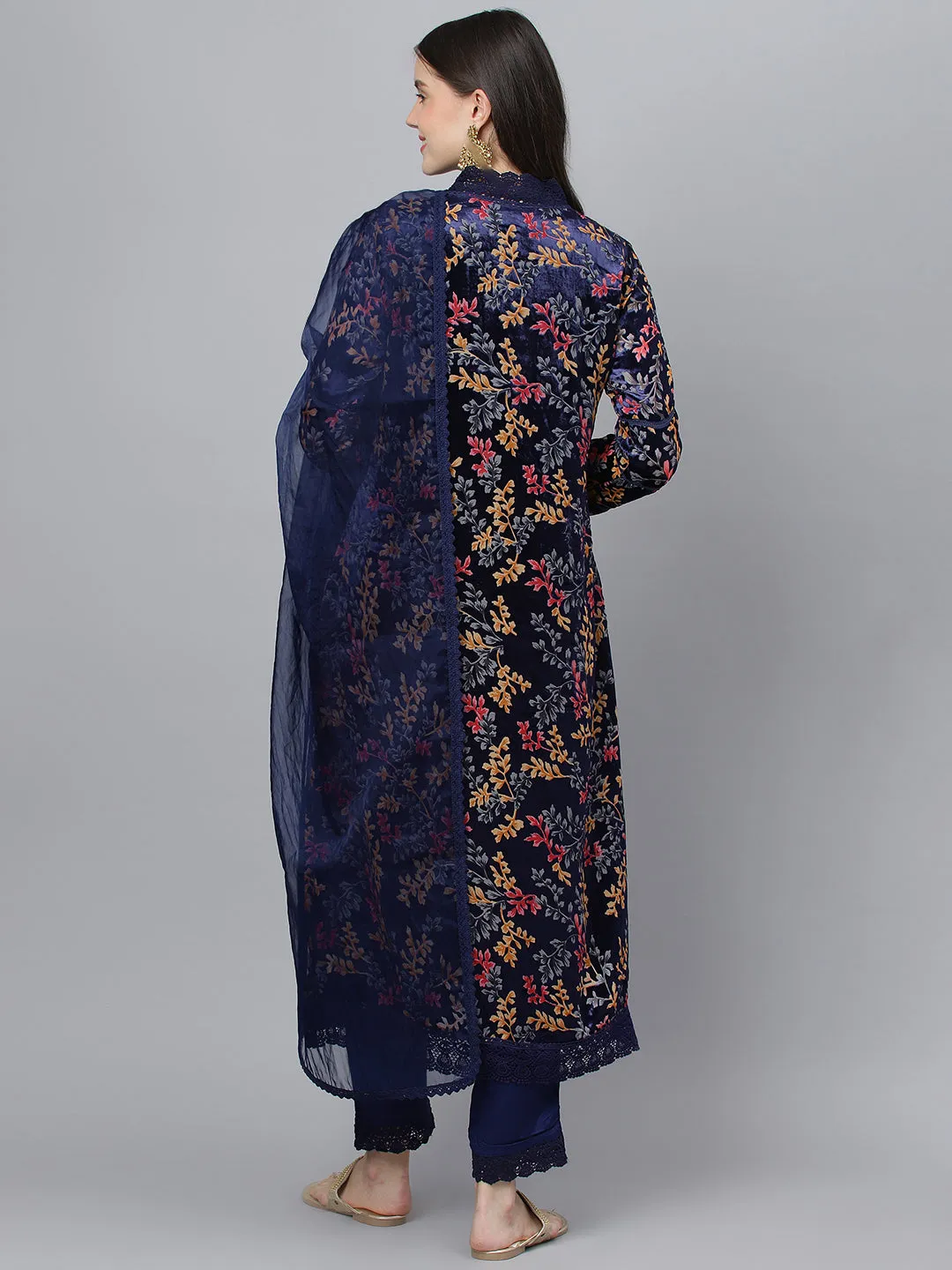 Women Blue Floral Burn Out Valvet Kurta Pant With Organza Dupatta Set