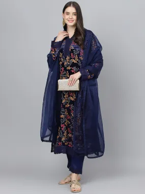 Women Blue Floral Burn Out Valvet Kurta Pant With Organza Dupatta Set