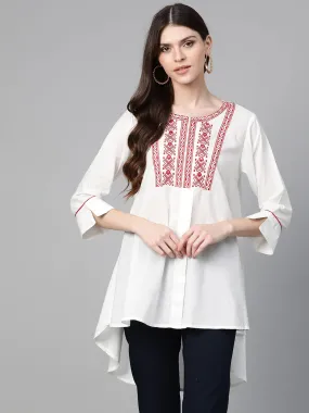 Women'S White & Red Embroidered High-Low Tunic