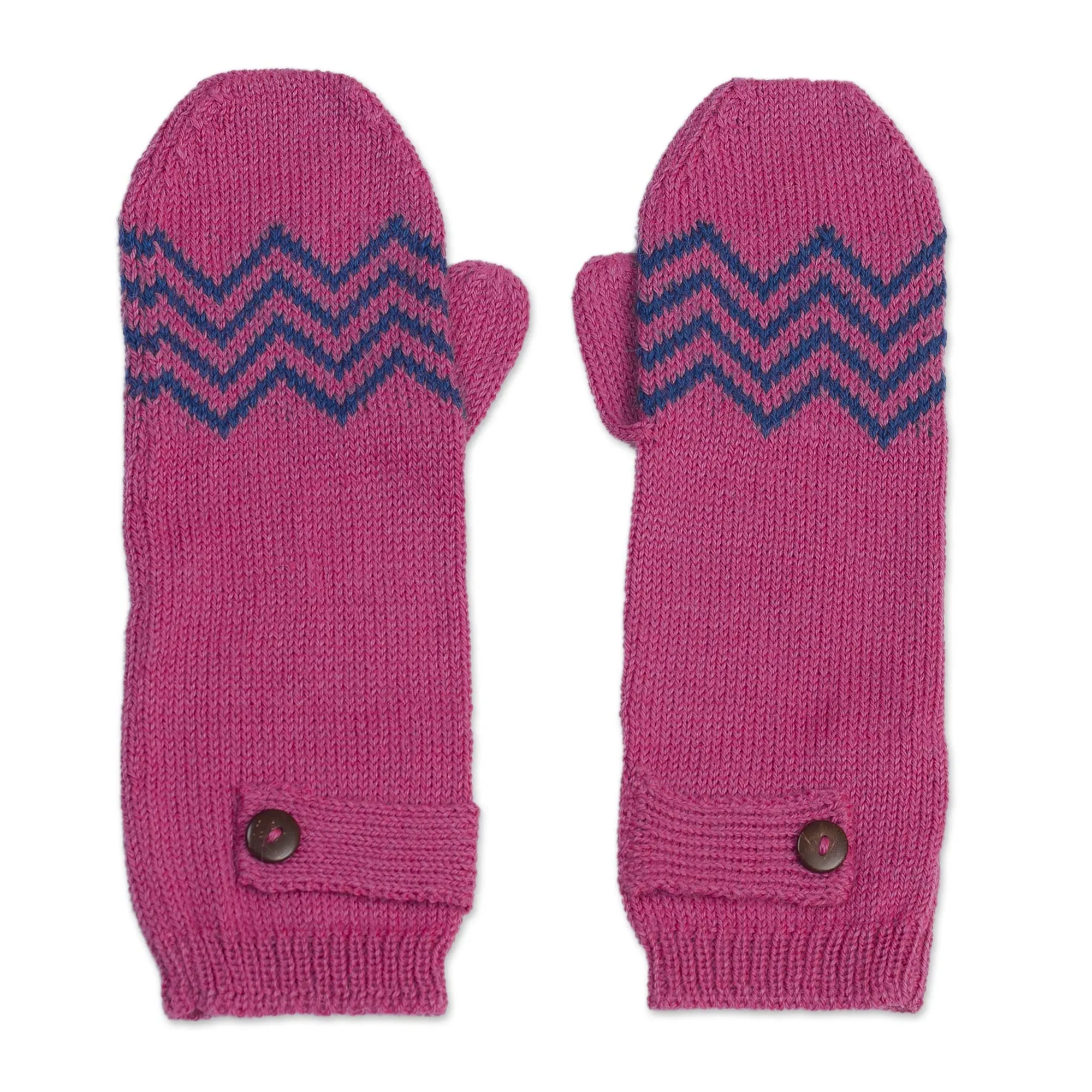 Zigzag Warmth in Delft Blue Alpaca Blend Mittens in Rose and Delft Blue from Peru